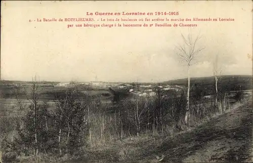 Ak Rozelieures Meurthe et Moselle, Le bois de bouleaux ou fut arretee la marche des Allemands