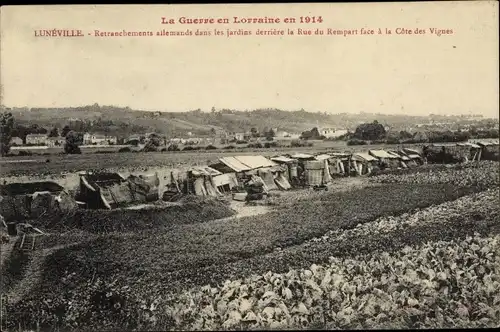 Ak Luneville Meurthe et Moselle, Retranchements allemands dans les jardins, Guerre en Lorraine 1914