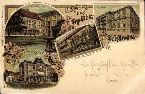 Litho Teplice Šanov Teplitz Schönau Region Aussig, Herrenhaus, Kaiserbad, Stadtbad, Deutsches Haus