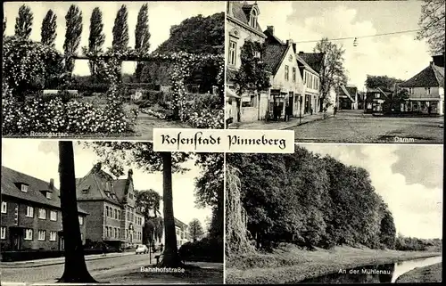 Ak Pinneberg in Schleswig Holstein, Rosengarten, Damm, Bahnhofstraße, Mühlenau