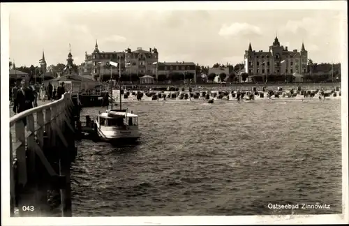 Ak Ostseebad Zinnowitz auf Usedom, Strand und Seebrücke, Hotels