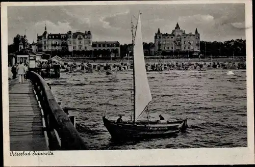 Ak Ostseebad Zinnowitz auf Usedom, Seebrücke, Strandpartie, Segelboot