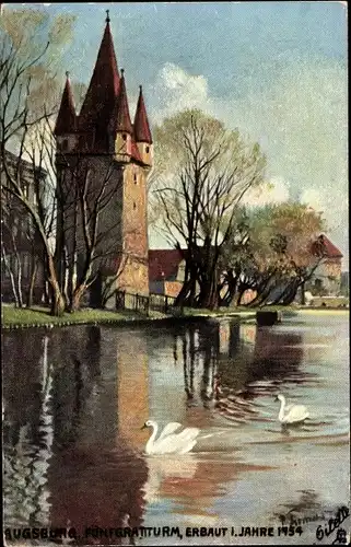 Künstler Ak Augsburg in Schwaben, Schwäne, Fünfgradturm, Oilette Serie Tuck 620 B