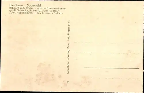 Ak Riesweiler im Hunsrück, Gasthaus z. Soonwald, Außen- u. Innenaufnahme, Partie am Reitzenborn