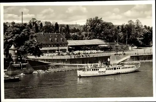 Ak Worms am Rhein, Blick über den Fluss auf das Rhein-Café mit Schiff "Heimat"