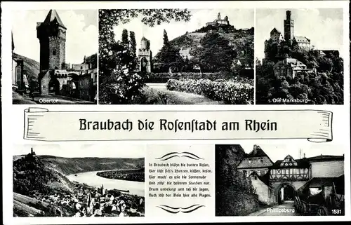 Ak Braubach am Rhein, Obertor, Marksburg, Phillipsburg, Panorama