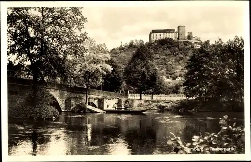 Ak Gamburg Werbach an der Tauber, Tauberpartie mit Brücke