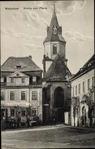 Ak Mutzschen Grimma in Sachsen, Kirche und Pfarre, Berger's Restaurant