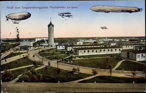 Ak Świętoszów Neuhammer Queis Schlesien, Blick über den Truppenübungsplatz, Baracken, Zeppelin