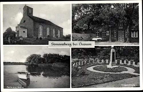 Ak Simonsberg in Nordfriesland, Kirche, Kriegerdenkmal, Partie an der Wehle, Kirchspielkrug