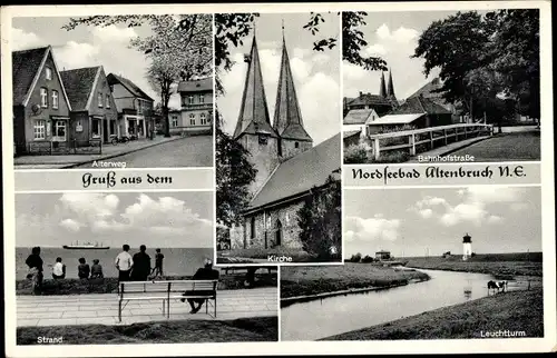 Ak Altenbruch Cuxhaven in Niedersachsen, Kirche, Leuchtturm, Strand, Alterweg, Bahnhofstraße