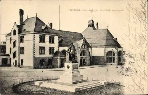 Ak Herford in Westfalen, Bahnhof und Kurfürstendenkmal