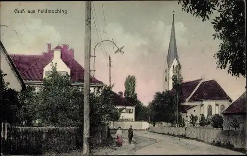 Ak Feldmoching München Bayern, Straßenpartie mit Kirche