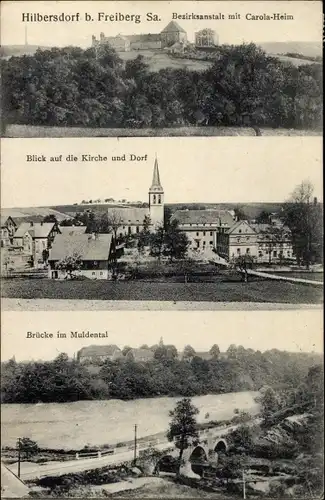 Ak Hilbersdorf in Sachsen, Bezirksanstalt mit Carola Heim, Kirche, Muldental, Brücke