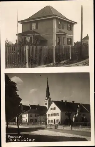 Foto Ak Feldmoching München Bayern, Ortsansichten, Kirche, Wohnhaus