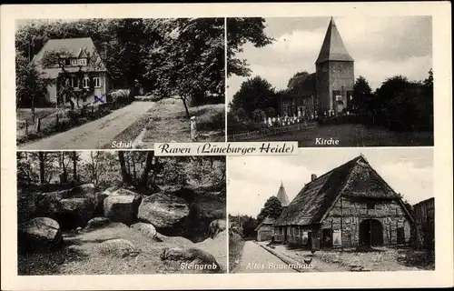 Ak Raven Soderstorf in der Lüneburger Heide, Schule, Kirche, Bauernhaus, Steingrab