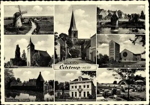 Ak Ochtrup im Münsterland Westfalen, Windmühle, Kirche, Wasserburg Welbergen, Altersheim, Freibad