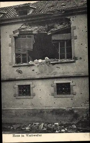 Ak Wattwiller Wattweiler Elsass Haut Rhin, zerschossenes Haus, Kriegszerstörung I. WK, 1917
