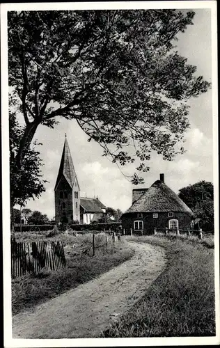 Ak Nebel auf der Insel Amrum Nordfriesland, Kirche, Reetdachhaus