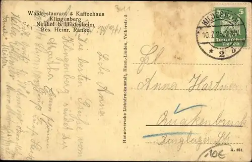 Ak Neuhof Hildesheim in Niedersachsen, Waldrestaurant und Kaffeehaus Klingenberg