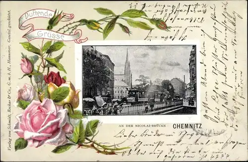 Passepartout Ak Chemnitz in Sachsen, An der Nicolai Brücke, Rosen