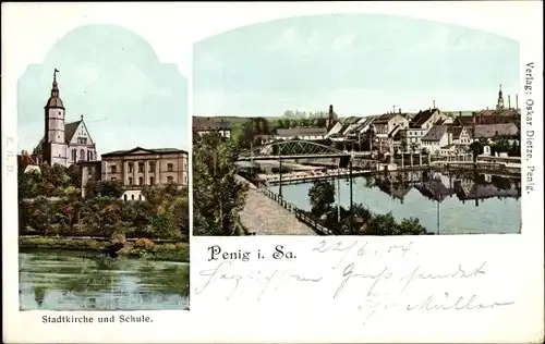 Ak Penig in Sachsen, Stadtkirche, Schule, Gesamtansicht