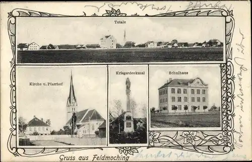 Ak Feldmoching München Bayern, Gesamtansicht, Kirche, Pfarrhof, Kriegerdenkmal, Schulhaus
