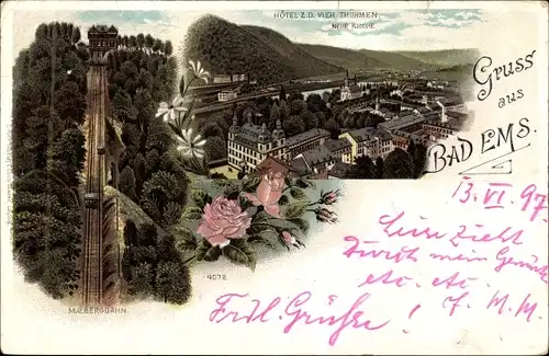 Litho Bad Ems an der Lahn, Panorama, Hotel Zu den vier Türmen, Neue Kirche, Malbergbahn