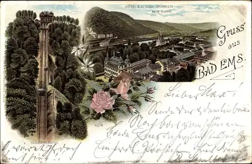 Litho Bad Ems an der Lahn, Panorama, Hotel Zu den vier Türmen, Neue Kirche, Malbergbahn