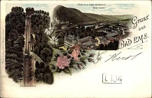 Litho Bad Ems an der Lahn, Panorama, Hotel Zu den vier Türmen, Neue Kirche, Malbergbahn