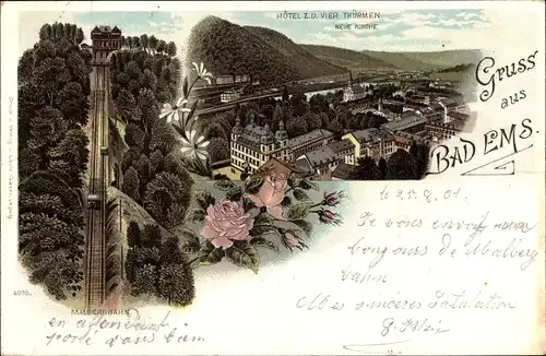 Litho Bad Ems an der Lahn, Panorama, Hotel Zu den vier Türmen, Neue Kirche, Malbergbahn