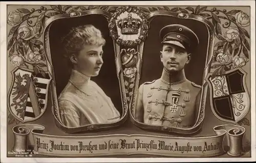 Wappen Passepartout Ak Prinz Joachim von Preußen, Marie Auguste von Anhalt, Portrait, Uniform