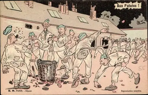Künstler Ak Kartoffelschlacht im Lager