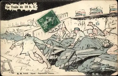 Künstler Ak Soldat hetzt aus dem Bett der Baracke, verärgerte Kameraden