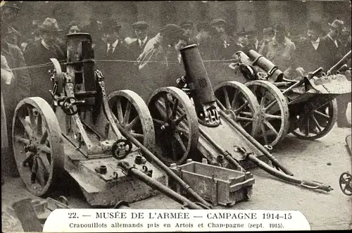 Ak Musee de l'Armee, Campagne 1914-1915, Crabouillots allemands pris en Artois et Champagne