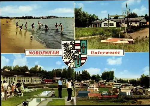 Wappen Ak Nordenham in Oldenburg Niedersachsen, Weserstrand, Minigolf, Camping