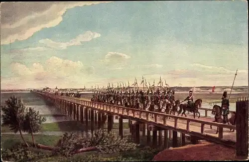 Künstler Ak Suhr, C., Hamburg, Hanseatische Ulanen auf der Elbbrücke, 1814, Märzfeier 1913, Lachmund