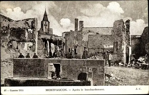 Ak Montfaucon Meuse, Après le bombardement, église