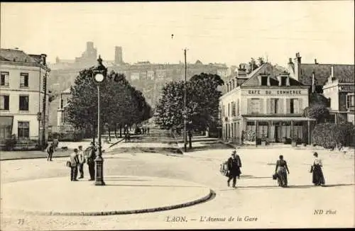 Ak Laon Aisne, L'Avenue de la Gare, Cafe du Commerce