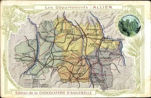 Landkarten Ak Allier, Les Départements, Château, Edition de la Chocolaterie d&#39;Aiguebelle