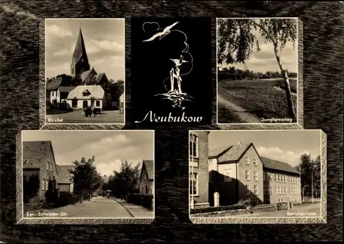 Ak Neubukow in Mecklenburg, Kirche, Jungfernstieg, Berufsschule, Strassenansicht