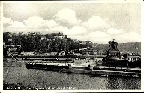 Ak Koblenz am Rhein, Das Deutsche Eck mit Ehrenbreitstein, Denkmal