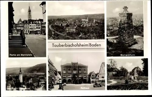 Ak Tauberbischofsheim Baden, Bismarckturm, Schloss mit Stadtturm, Rathaus, Marktplatz