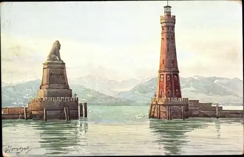 Künstler Ak Marschall, V., Lindau im Bodensee, Hafeneinfahrt, Leuchtturm