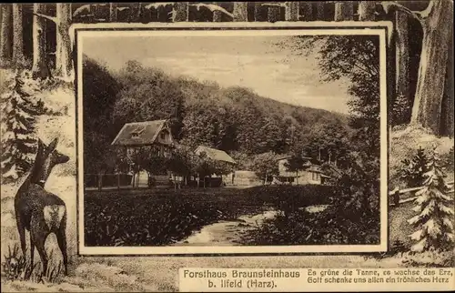 Passepartout Ak Ilfeld am Harz Thüringen, Forsthaus Braunsteinhaus, Reh, Waldpartie