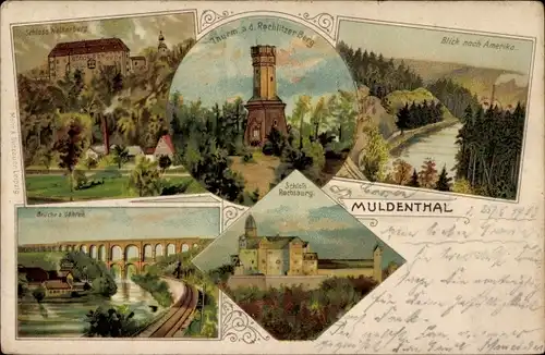 Litho Rochlitz an der Mulde, Turm Rechlitzer Berg, Blick nach Amerika, Schloss Rochsburg, Brücke