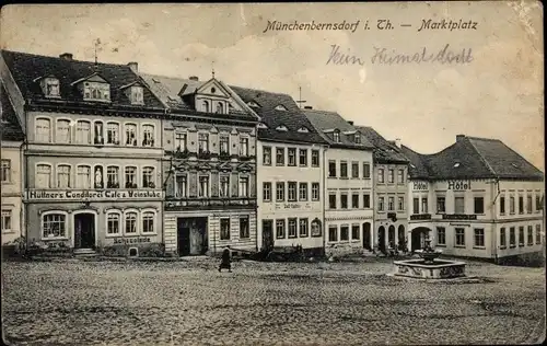 Ak Münchenbernsdorf in Thüringen, Marktplatz, Hüttners Konditorei, Hotel