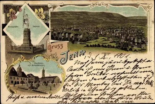 Litho Jena in Thüringen, Panorama, Marktplatz mit Bismarckbrunnen, Denkmal