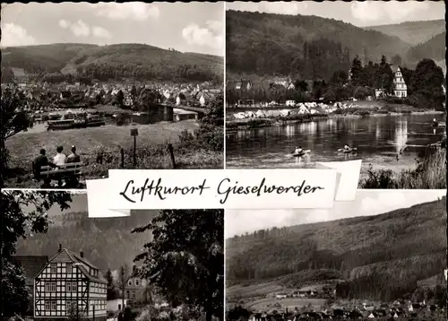 Ak Gieselwerder an der Oberweser Hessen, Fachwerkhaus, Flusslauf