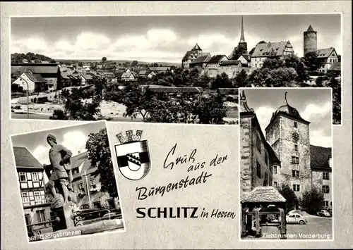 Ak Schlitz in Hessen, Panorama, Ziehbrunnen Vorderburg, Georgsbrunnen, Wappen